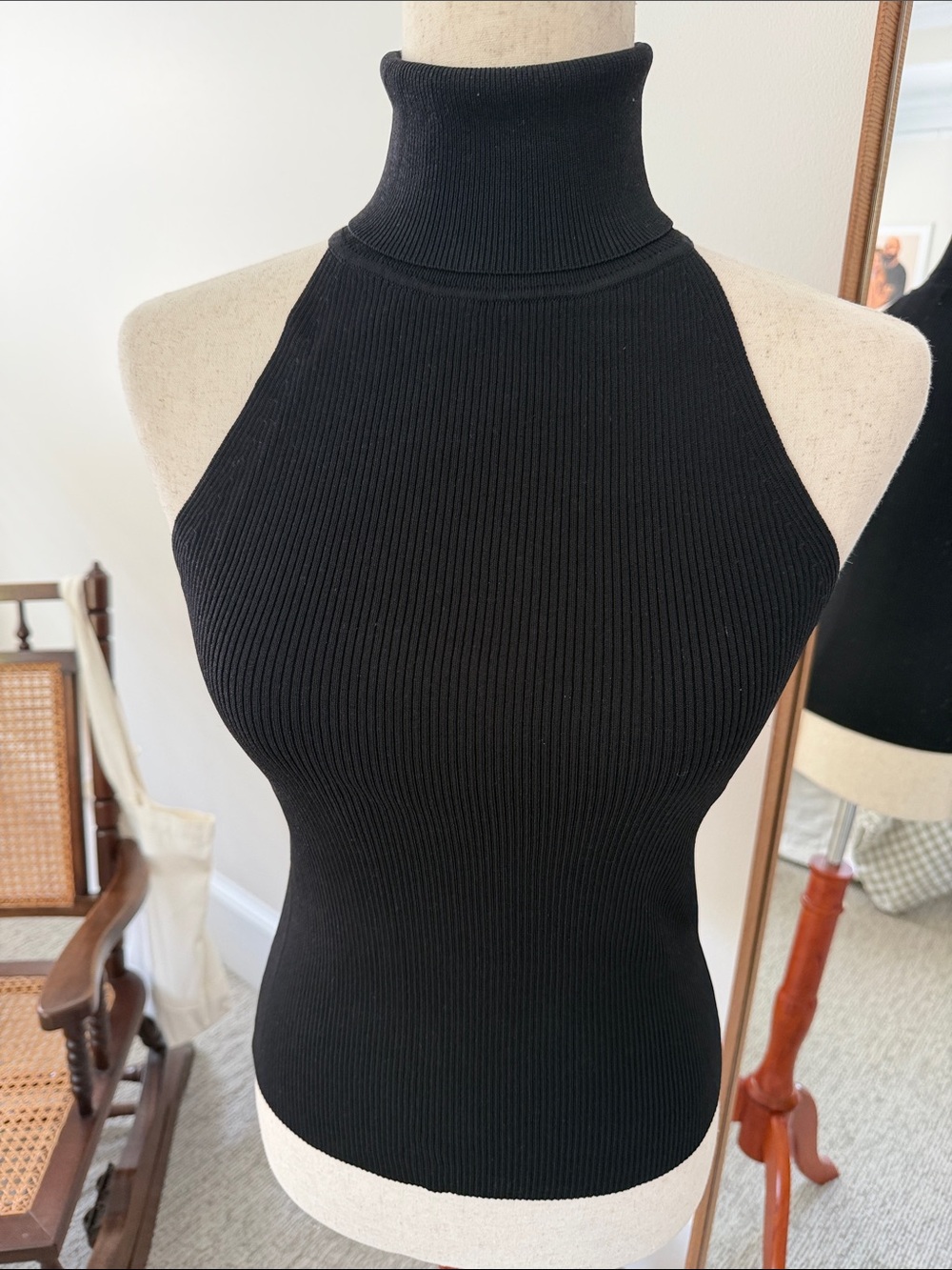 Animale Black Ribbed Halter Turtleneck Tank Top